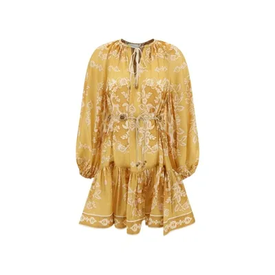 Zimmermann Yellow Raie Floral Print Silk Dress In Gold