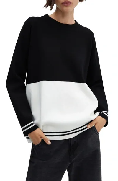 Mango Colorblock Oversize Crewneck Sweater In Black