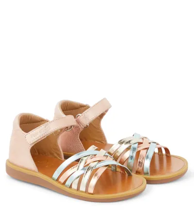 Pom D'api Kids' Poppy Lux Metallic Leather Sandals In Pink