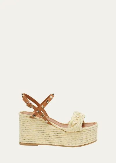 Valentino Garavani Rockstud 95 Raffia And Leather Espadrille Wedge Sandals In Zt6 Almond Beige