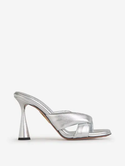 Aquazzura Amore Crisscross Metallic Mule Sandals In Silver