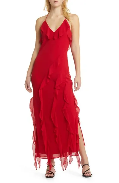 Wayf The Alice Halter Neck Ruffle Gown In Red