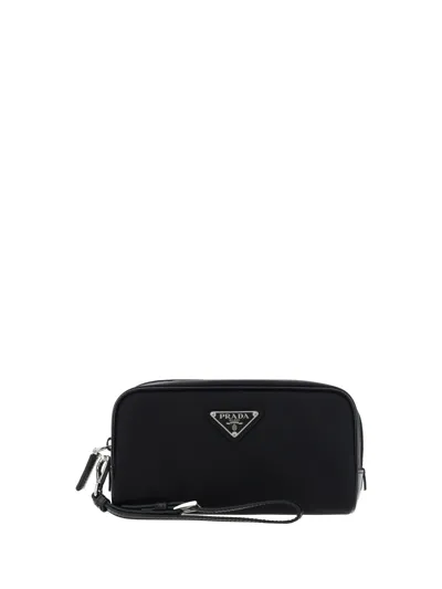 Prada Logo Plaque Wash Bag In Nero