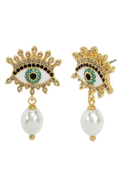 Kurt Geiger Evil Eye Imitation Pearl Drop Earrings In White/multi