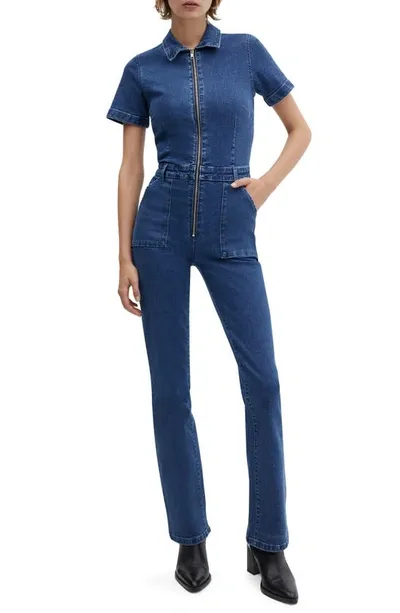 Mango Denim Zipper Jumpsuit Dark Blue