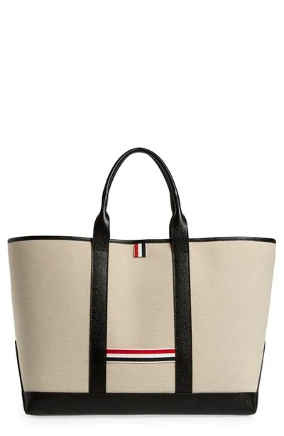 Thom Browne Off-white Medium Tool Tote In Black/beige