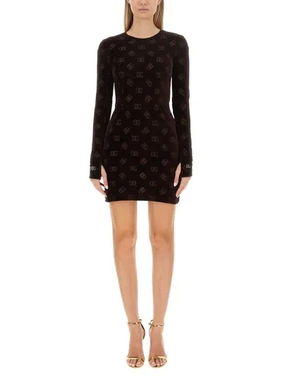 Dolce & Gabbana Flocked Jersey Mini Dress In Brown