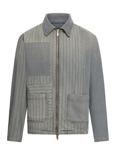 Golden Goose Journey M`s Full Zip Jacket Dyed Denim Patched Stripes In Grey