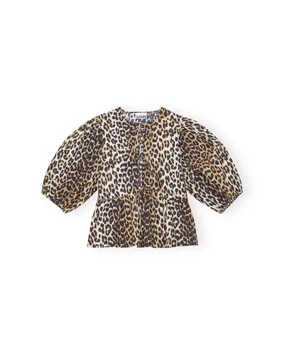 Ganni Printed Cotton Poplin Peplum Blouse In Leopard