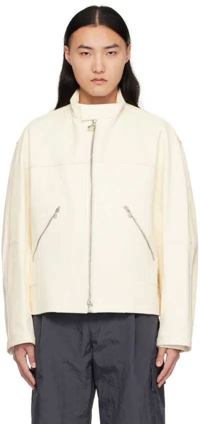 Solid Homme White Band Collar Leather Jacket In 206w White