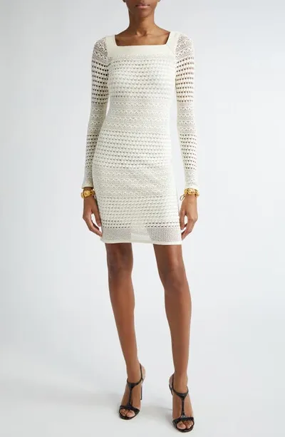 Tom Ford Square Neck Openwork Knit Mini Dress With Detachable Slip In White