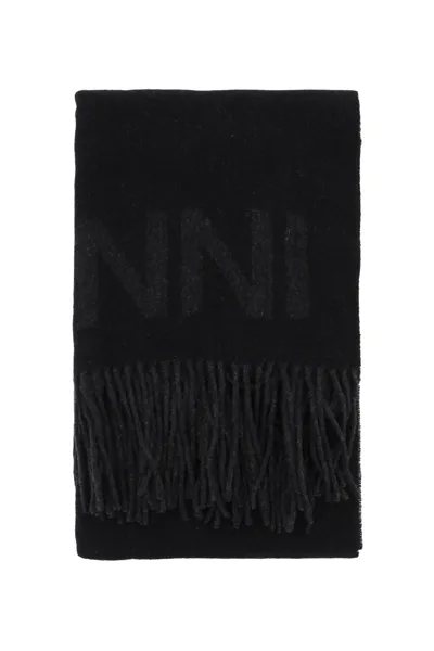 Ganni Logo Lettering Scarf In Black