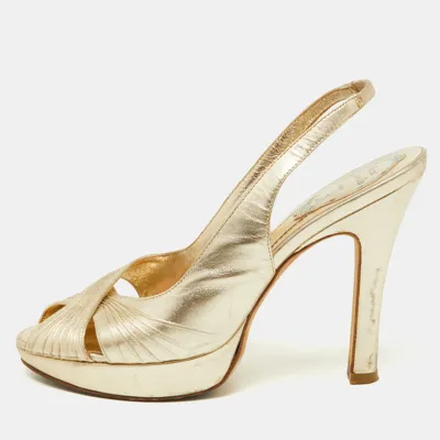 Pre-owned René Caovilla Gold Pleated Leather Cross Strap Slingback Sandals Size 39