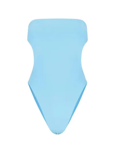 Saint Laurent Strapless Cutout Open-back Swimsuit In Azzurro