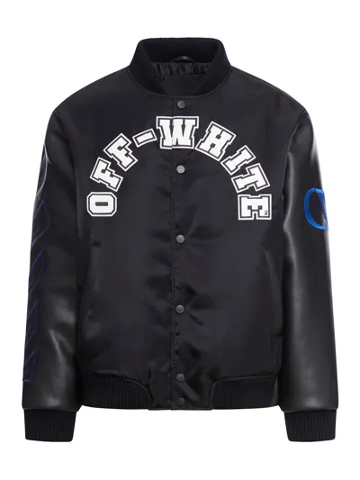 Off-white Baseball Lea Over Puffer Varsity Jacket In Black White