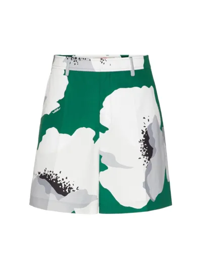 Valentino Cotton Bermuda Shorts With Flower Portrait Print In Emerald White