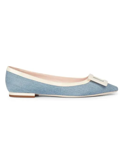 Roger Vivier Grommettine Bicolor Buckle Ballerina Flats In Denim