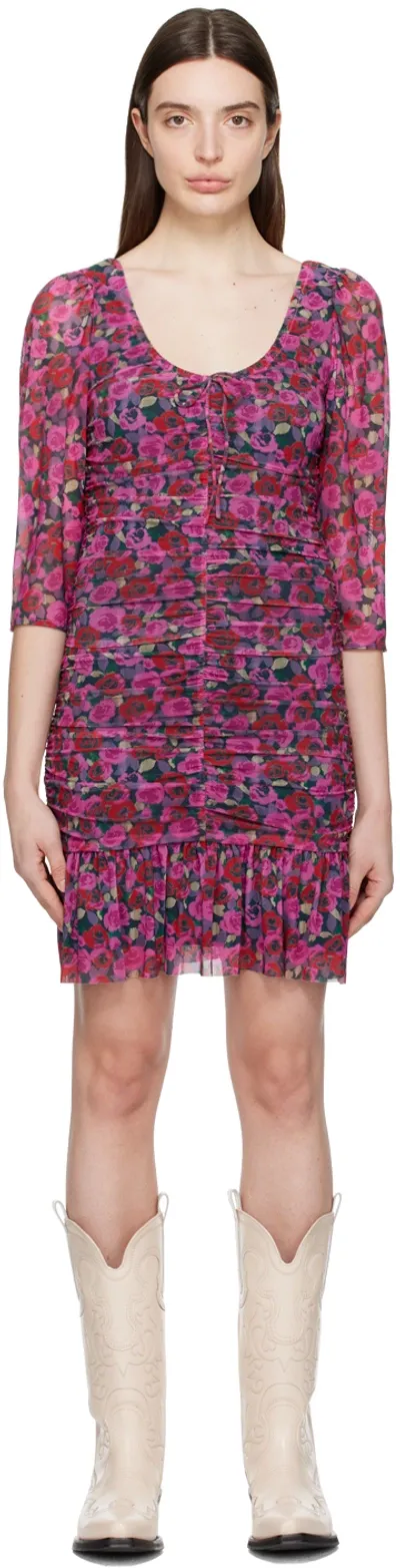 Ganni Ruched Floral Mesh Mini Dress In Fiji Flower