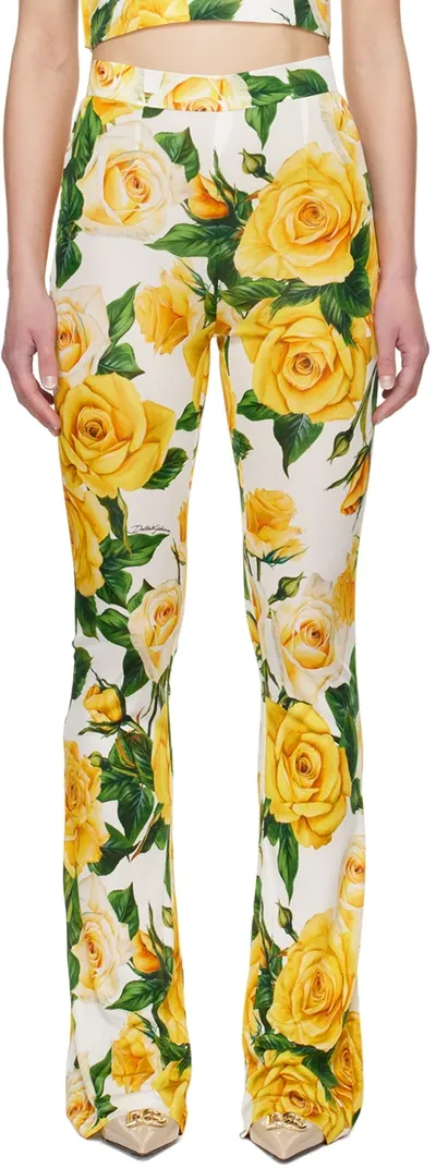 Dolce & Gabbana White & Yellow Floral Leggings In Ha3vo Rose Gialle