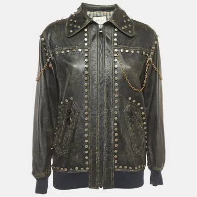 Pre-owned Gucci Black Studded Vintage Style Leather Jacket M