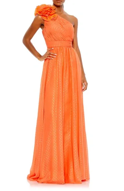 Mac Duggal Polka Dot Ruffled One Shoulder Gown In Tangerine