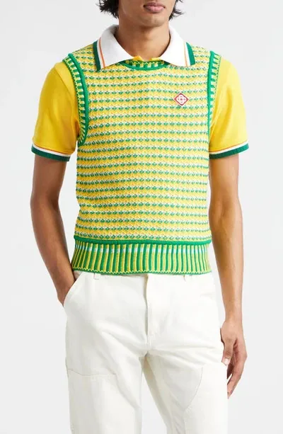 Casablanca Zig Zag Slim-fit Logo-appliquéd Crocheted Cotton Sweater Vest In Green