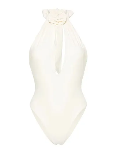 Magda Butrym Floral-appliqué Halterneck Swimsuit In White