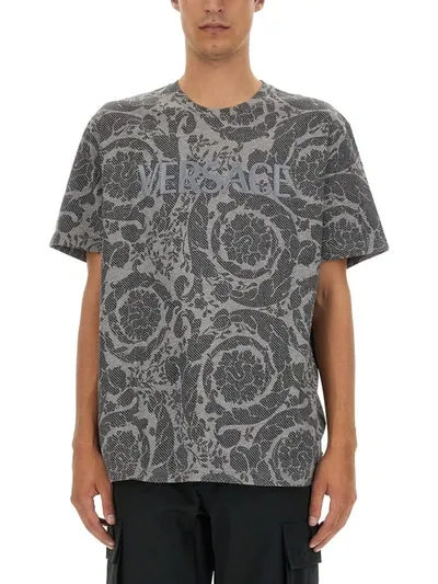 Versace Silhouette Baroque Logo T-shirt In Gray