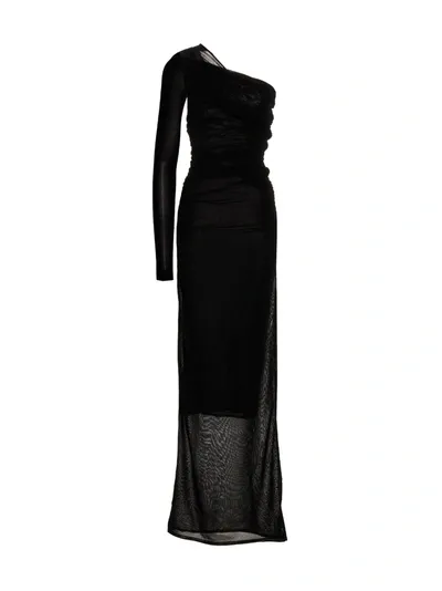 Saint Laurent Semi-sheer One-sleeve Long Dress In Schwarz