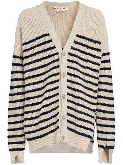 Marni Striped V-neck Cardigan In Neutrals