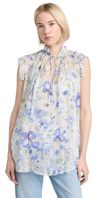 Zimmermann Natura Frilled Tank Blue Garden Print In White