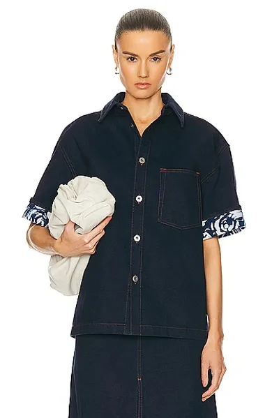 Burberry Heavyweight Denim Short-sleeve Button-front Shirt In Navy Blue