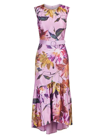 Kay Unger Beatrix Ruched Floral-print High-low Midi Dress In Pink Mauve