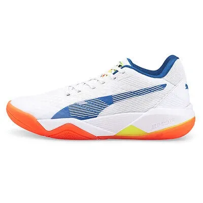 Pre-owned Puma Unisex Eliminate Power Nitro Hallenturnschuh, White-mykonos Blue-yellow Ale In  White Mykonos Blue Yellow Alert Neon Citrus