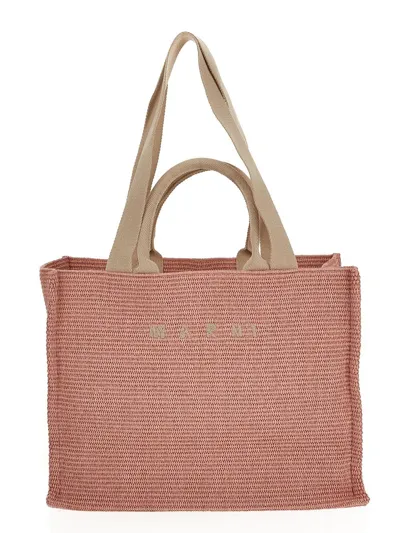 Marni Basket Large Canvas-trimmed Embroidered Faux Raffia Tote In Pink