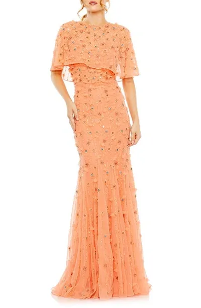 Mac Duggal Embellished Illusion Cape Sleeve Trumpet Gown In Coral