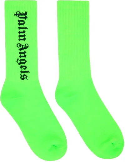 Palm Angels Green Gothic Logo Socks In Green Fluo Black