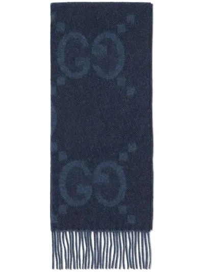 Gucci Blue Intarsia Gg-logo Cashmere Scarf