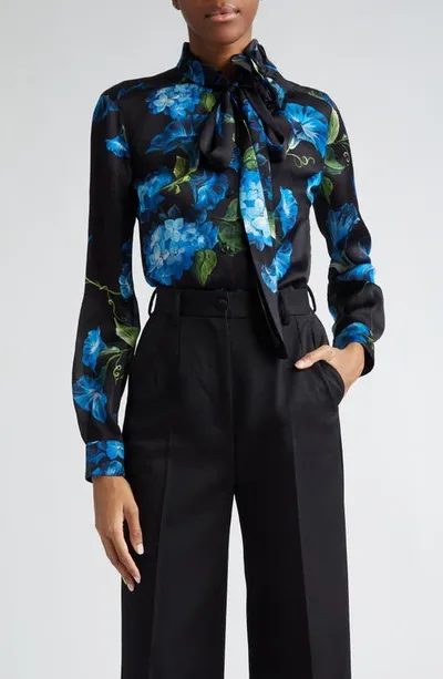 Dolce & Gabbana Satin Bluebell Print Blouse With Tie Neck In Multicolor