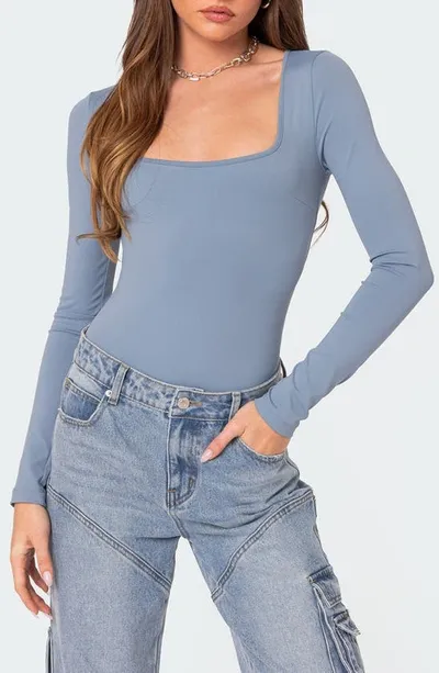 Edikted Joanna Square Neck Long Sleeve Bodysuit In Light-blue