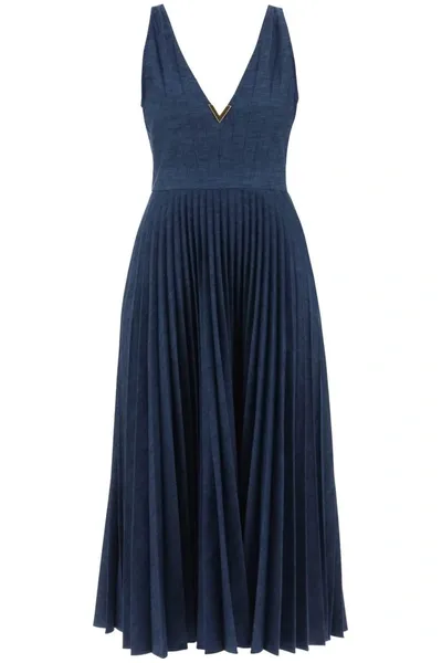 Valentino V-logo Pleated Denim Midi Dress