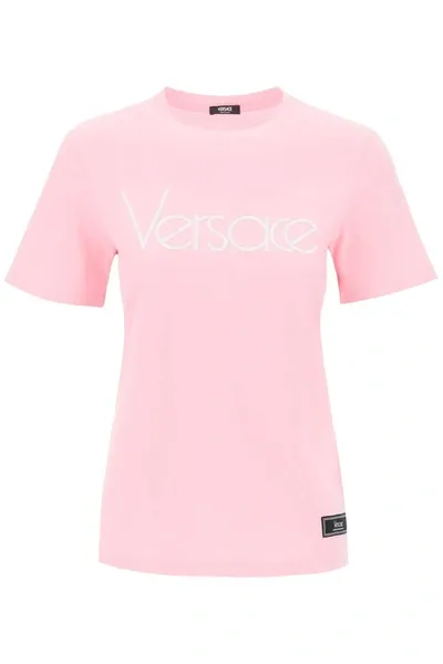 Versace Logo-embroidered Cotton T-shirt In Pink