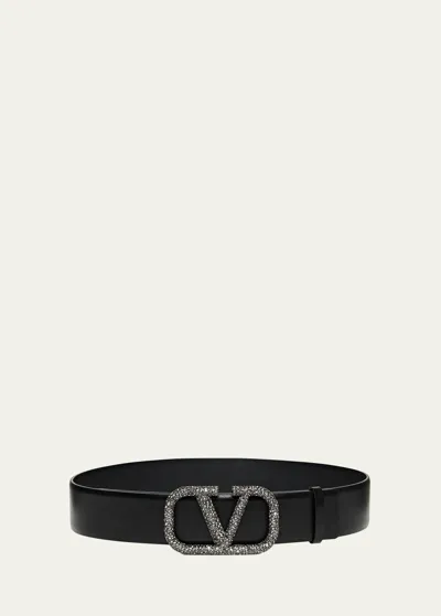 Valentino Garavani Embellished V-logo Leather Belt In Nero Black Diamond