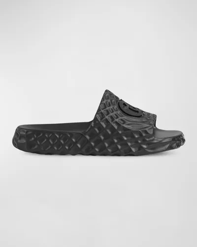 Gucci Men's Water Ripple Textured Rubber Pool Slides In Nero Nero