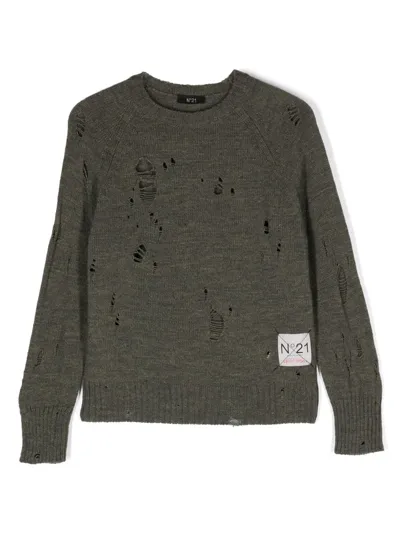 N°21 Kids' Distressed Wool Blend Knit Sweater In Dark Grey