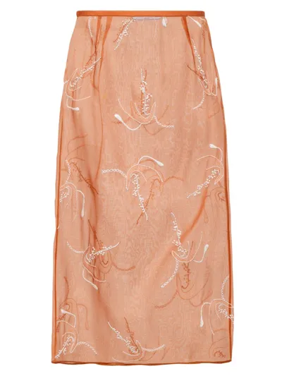 Prada Floral-embroidered Silk Pencil Skirt In Orange