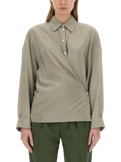 Lemaire Straight Collar Twisted Silk Blend Shirt In Grey