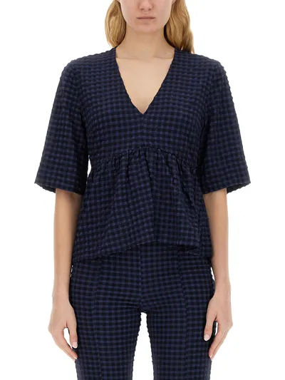 Ganni V-neck Blouse In Blue