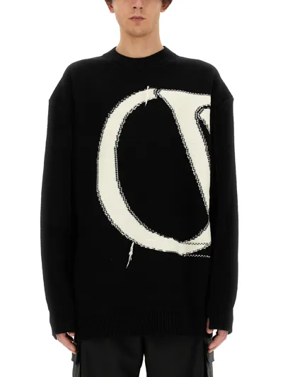 Off-white Oversized Distressed Logo-intarsia Wool Sweater In Black