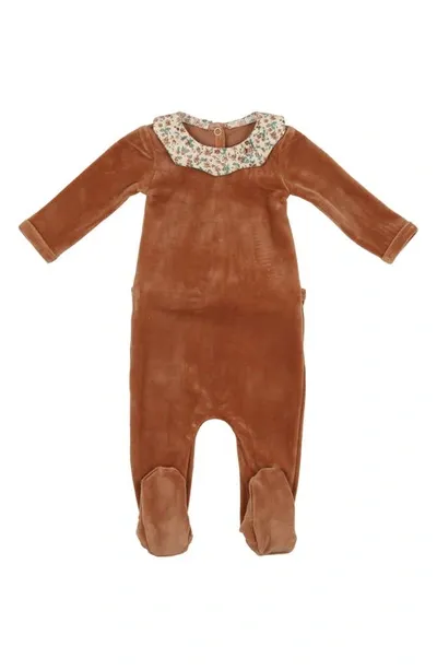 Maniere Babies' Floral Collar Cotton Blend Velour Footie In Caramel